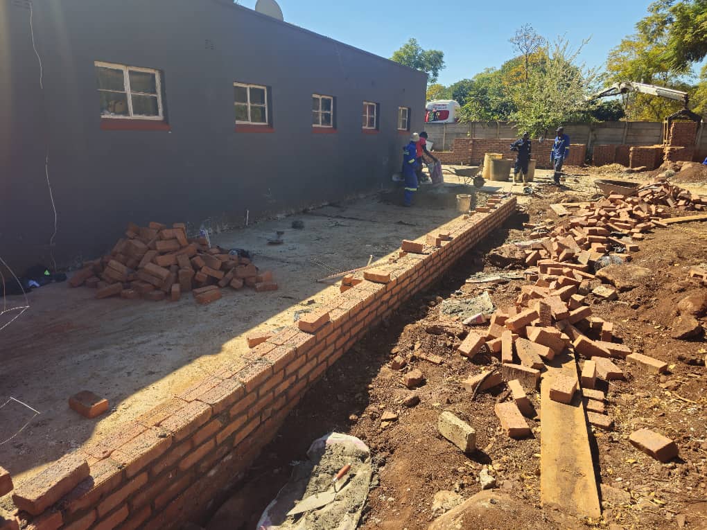 Masonry work progressing on a construction site